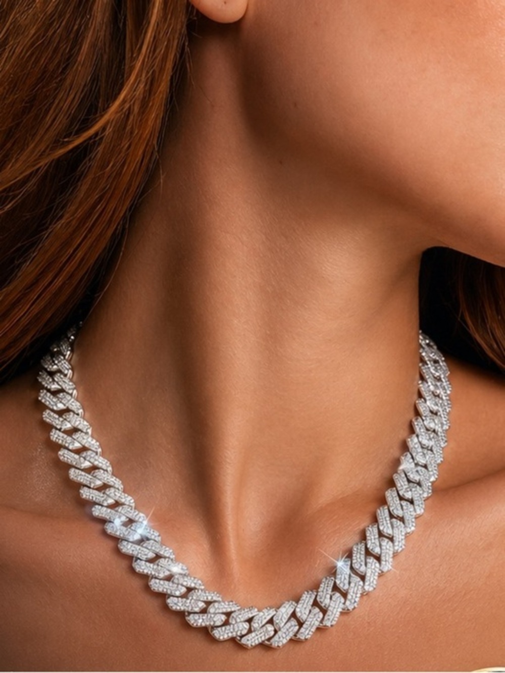 Cuban Link Necklace - Silver Tone 18" Iced Out